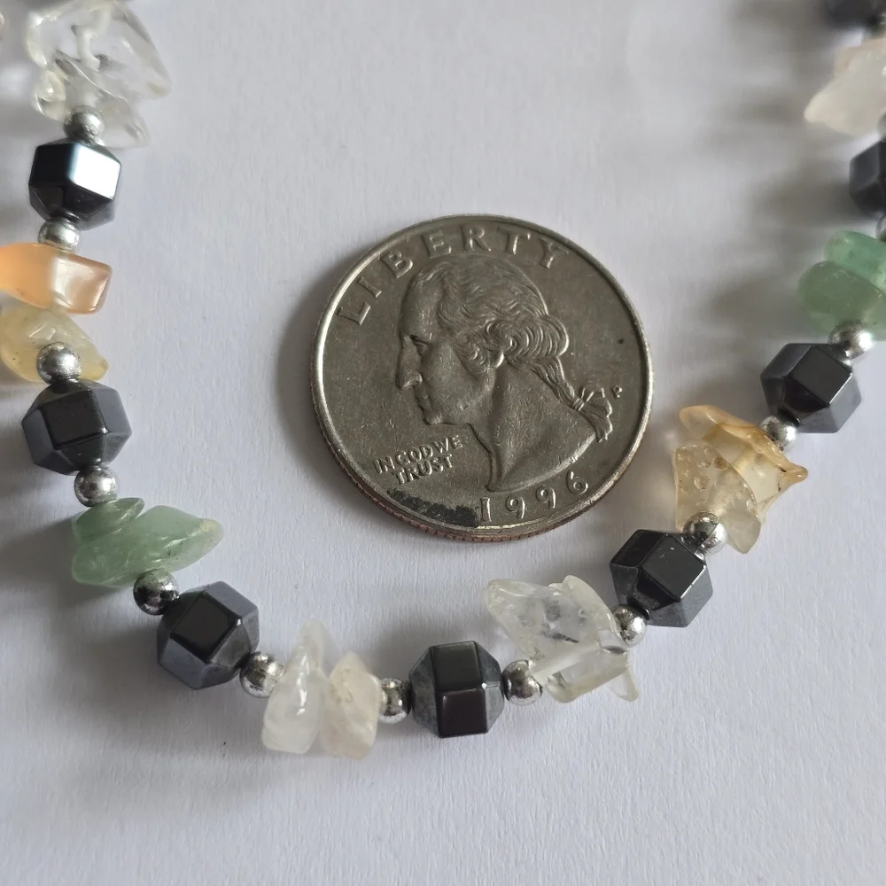 Handmade gemstone necklace beaded yellow green grey gray silver tone clear